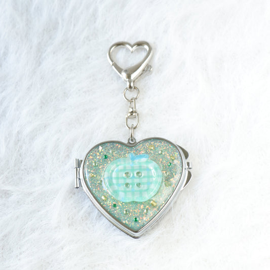 Gingham Apple Button Heart Mirror Keychain - Handmade Resin Green Glitter Charm