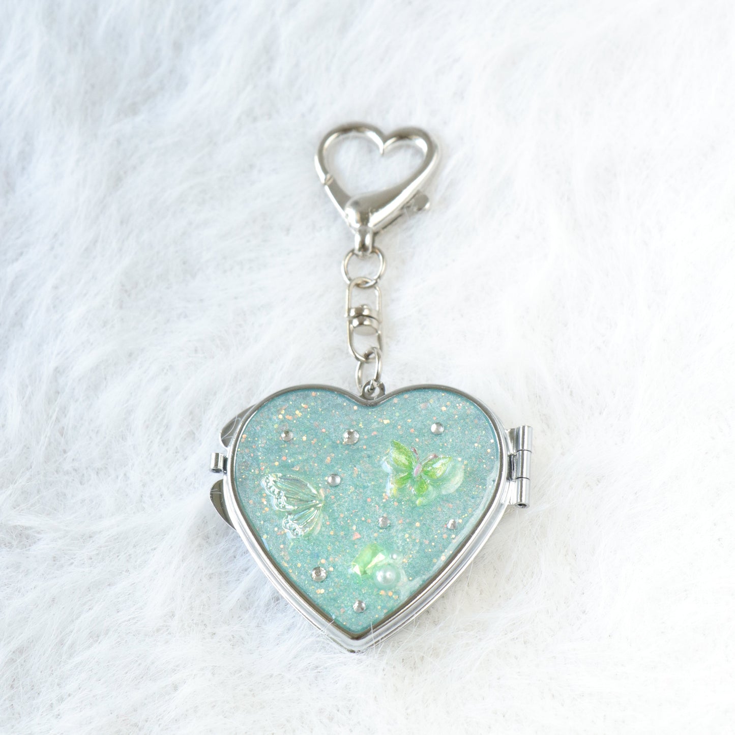 Gingham Apple Button Heart Mirror Keychain - Handmade Resin Green Glitter Charm