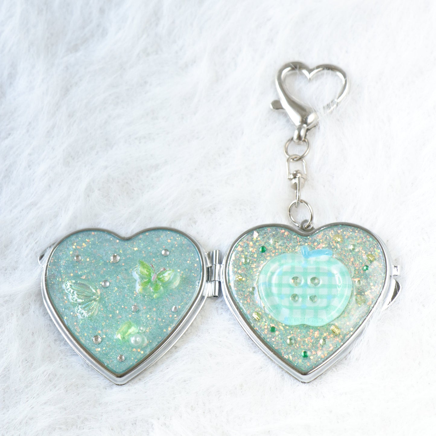 Gingham Apple Button Heart Mirror Keychain - Handmade Resin Green Glitter Charm