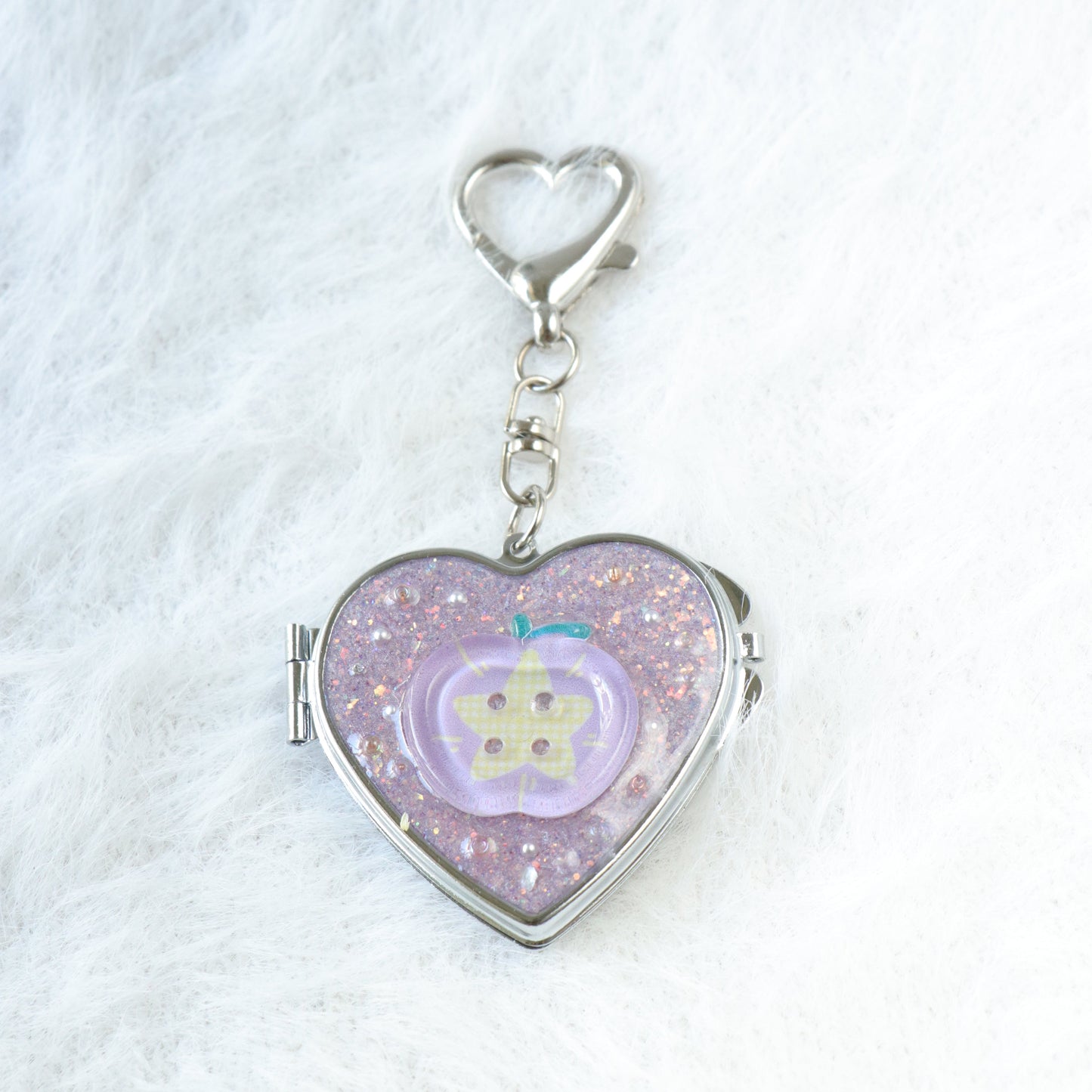 Gingham Apple Button Heart Mirror Keychain - Handmade Resin Purple Glitter Charm