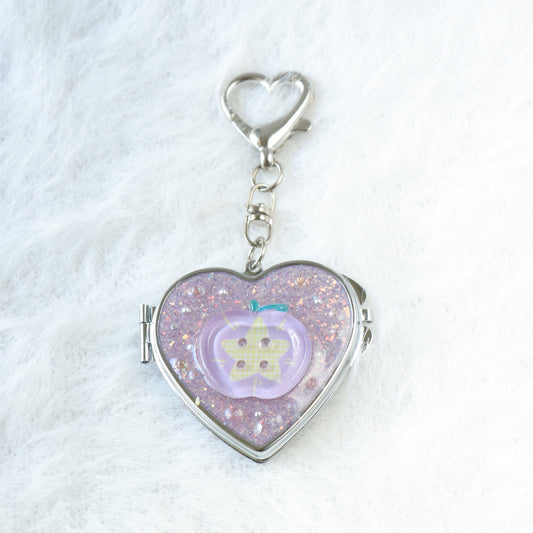 Gingham Apple Button Heart Mirror Keychain - Handmade Resin Purple Glitter Charm
