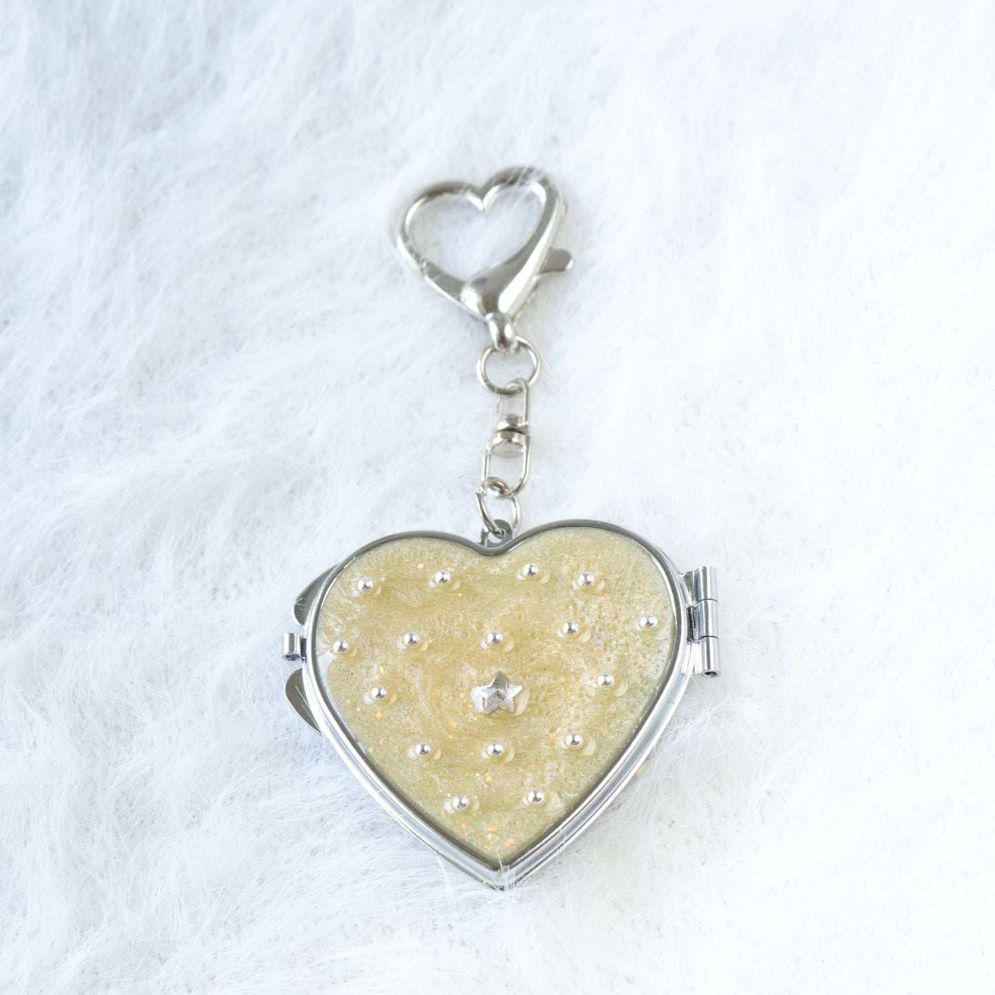 Gingham Apple Button Heart Mirror Keychain - Handmade Resin Purple Glitter Charm