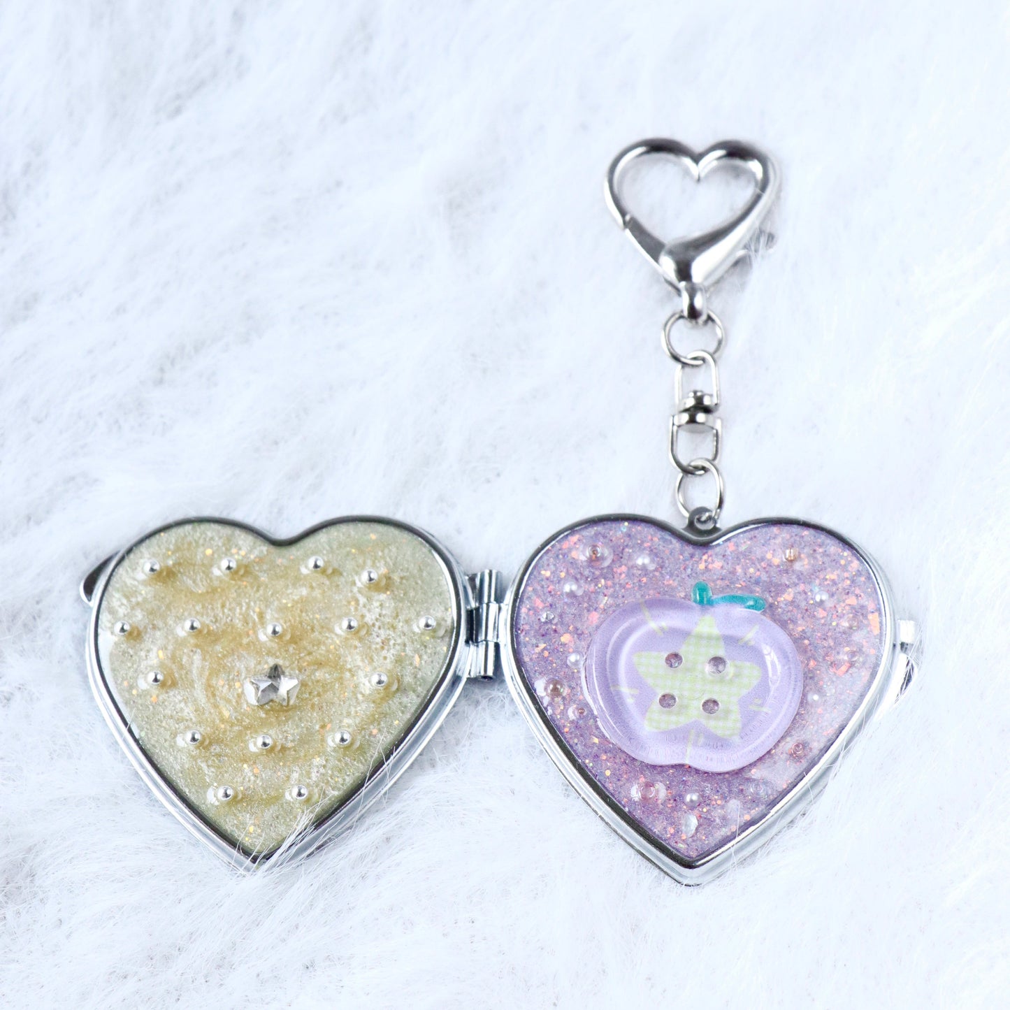 Gingham Apple Button Heart Mirror Keychain - Handmade Resin Purple Glitter Charm