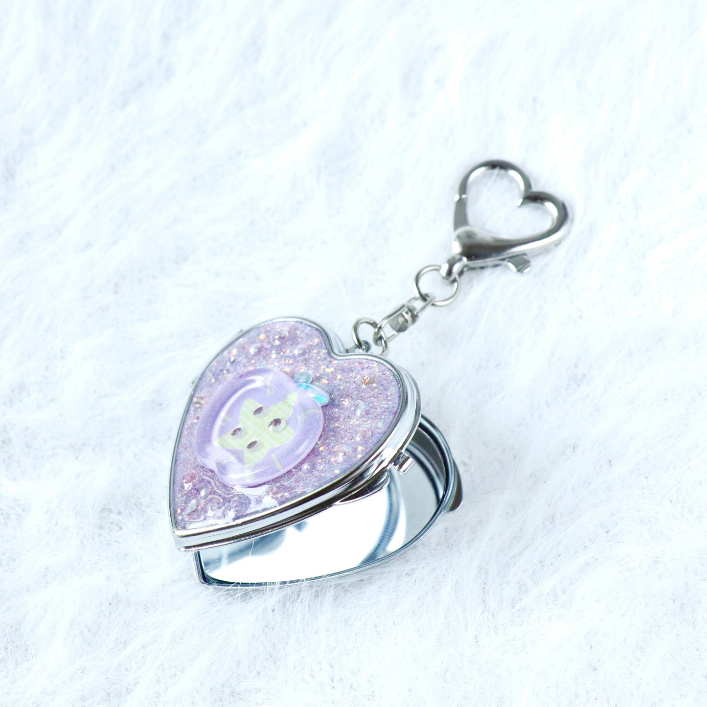 Gingham Apple Button Heart Mirror Keychain - Handmade Resin Purple Glitter Charm