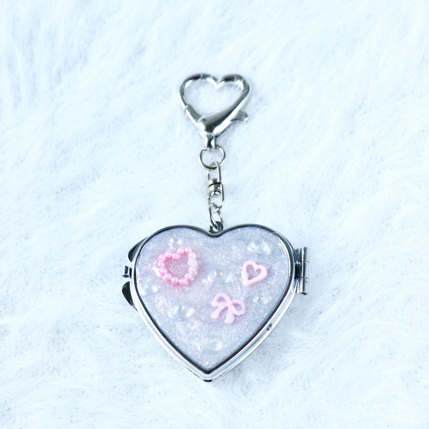 Gingham Apple Button Heart Mirror Keychain - Handmade Resin Pink Glitter Charm