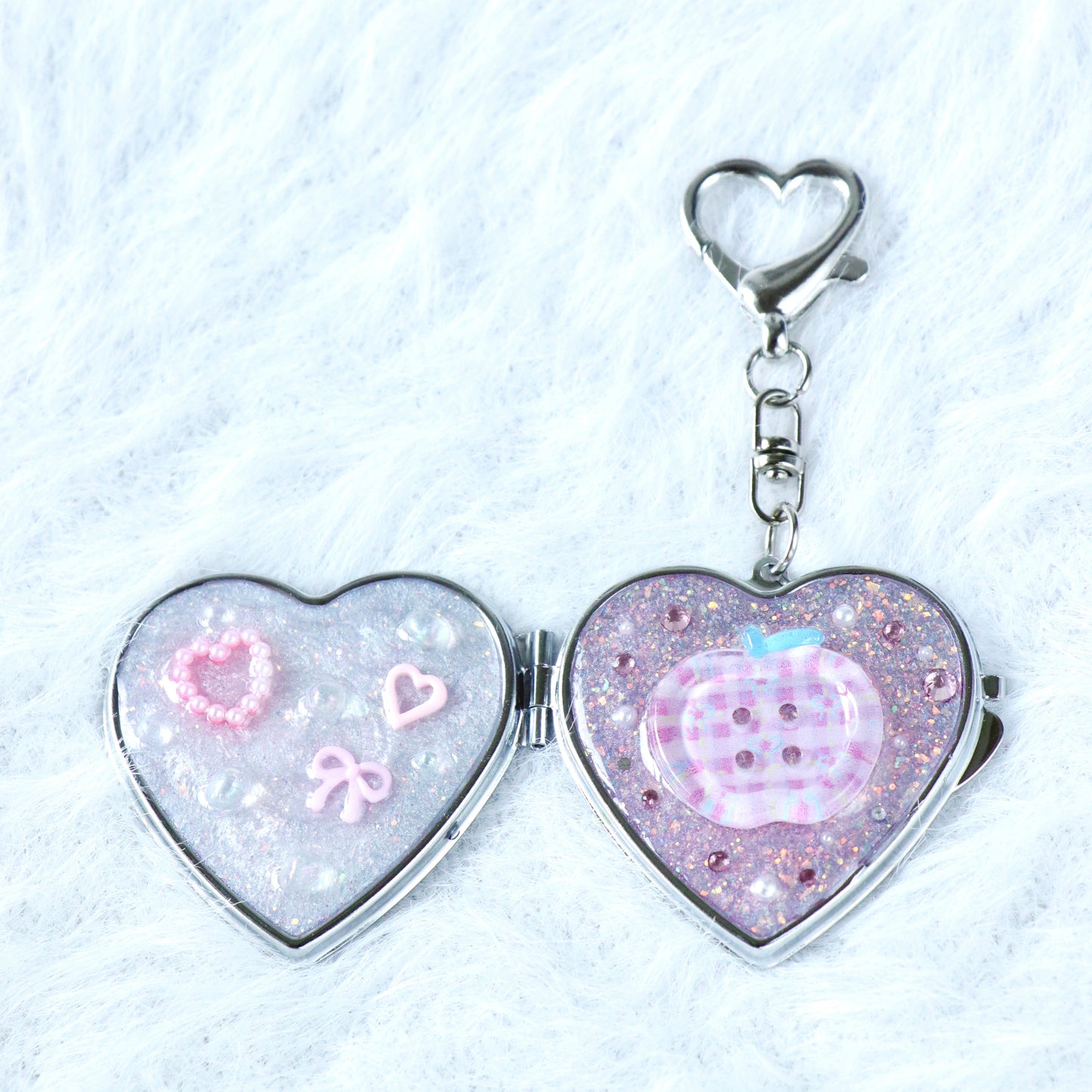 Gingham Apple Button Heart Mirror Keychain - Handmade Resin Pink Glitter Charm