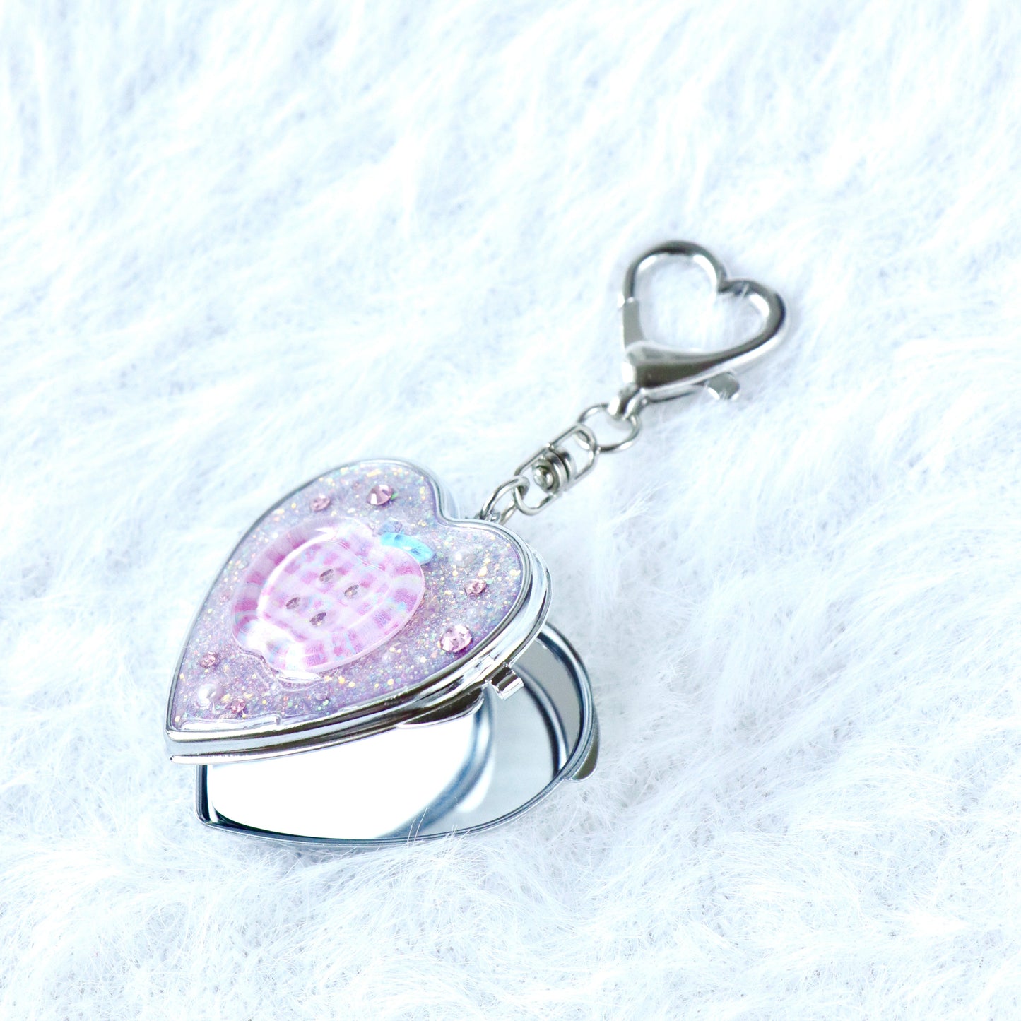 Gingham Apple Button Heart Mirror Keychain - Handmade Resin Pink Glitter Charm