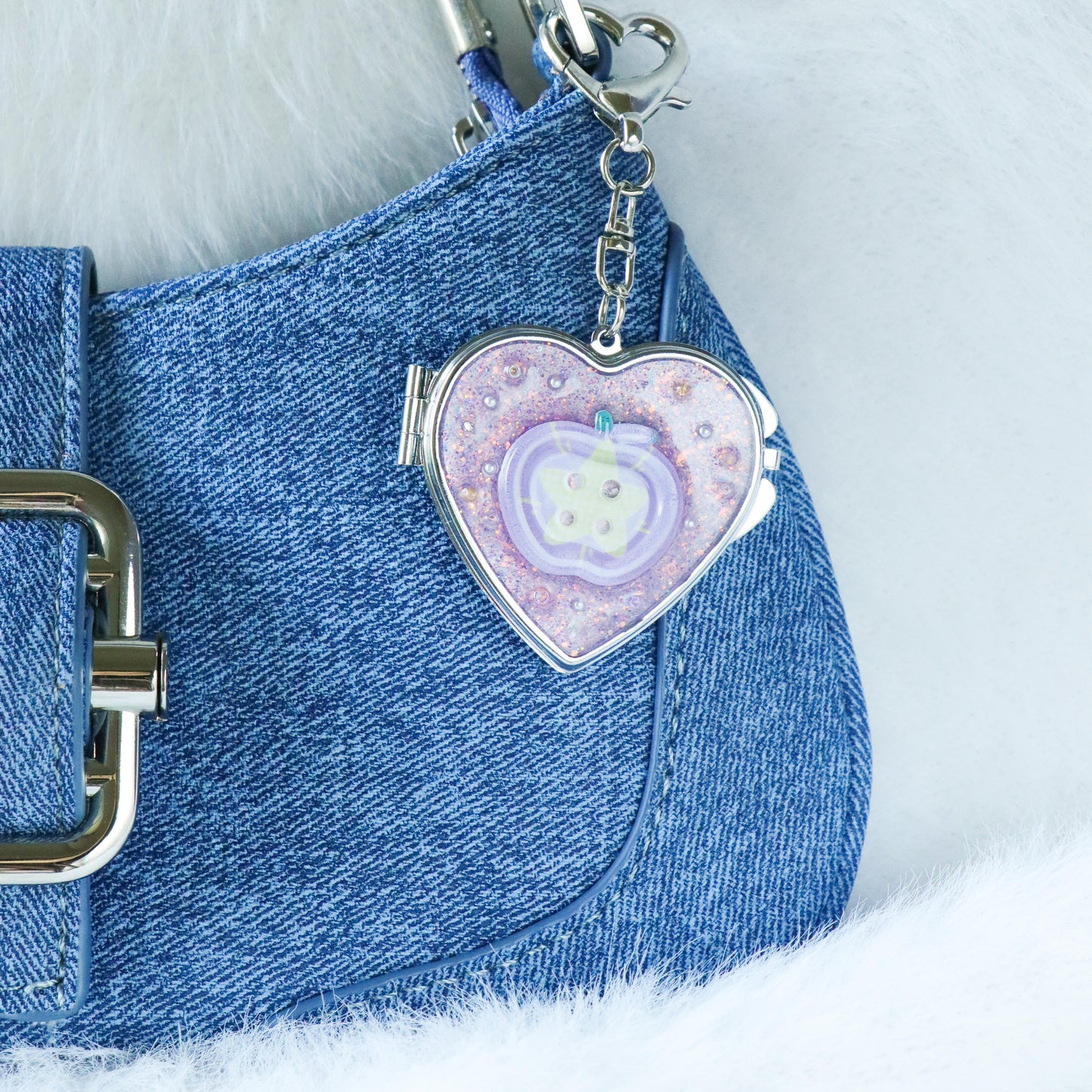 Gingham Apple Button Heart Mirror Keychain - Handmade Resin Purple Glitter Charm