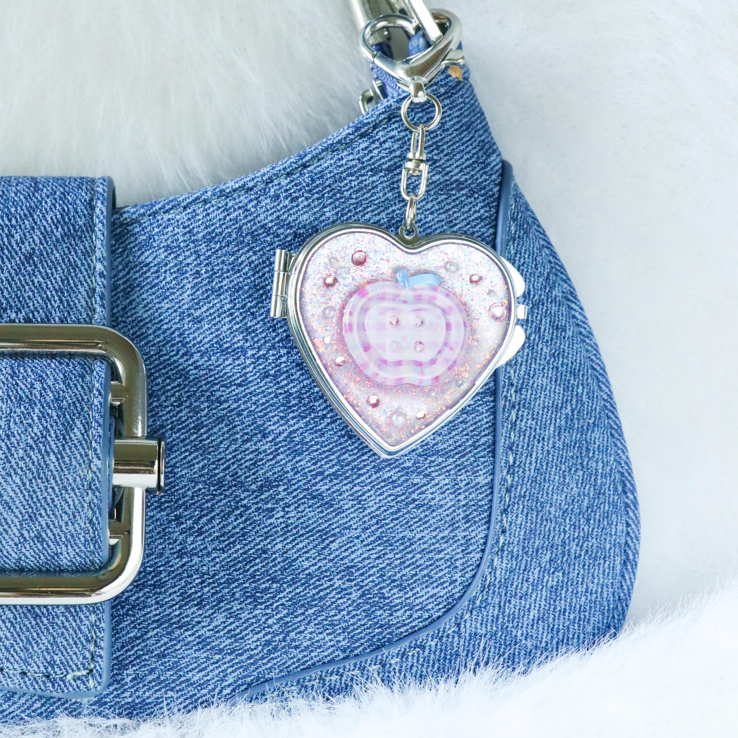 Gingham Apple Button Heart Mirror Keychain - Handmade Resin Pink Glitter Charm