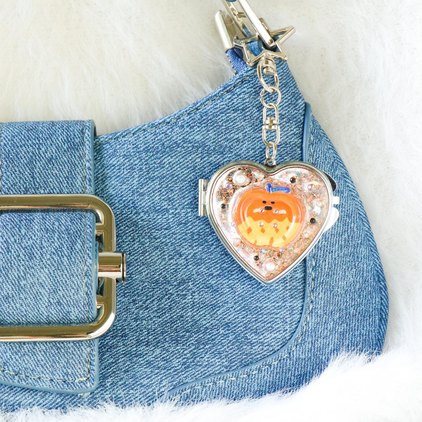 Gingham Apple Button Heart Mirror Keychain - Handmade Resin Orange Glitter Charm