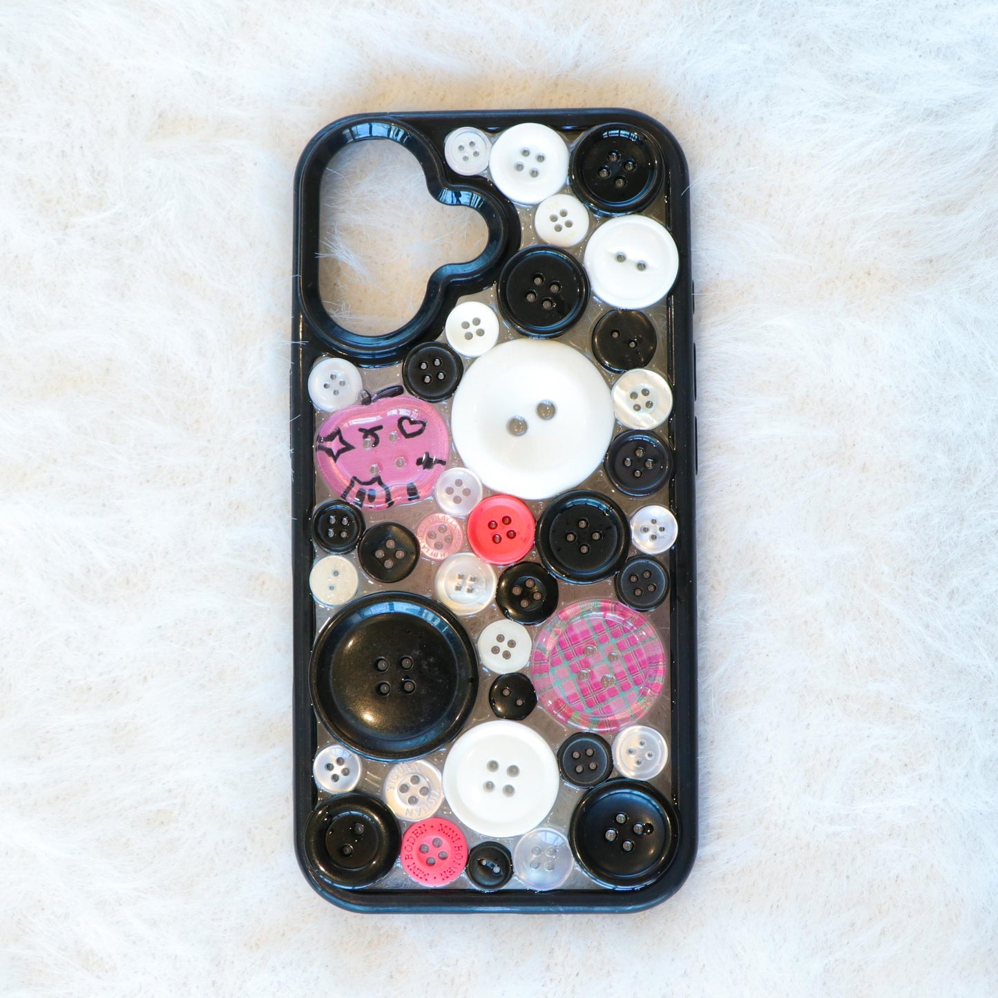 Handmade Resin Phone Case - Black Pink Button - iPhone 16