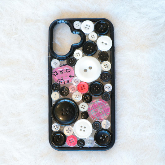 Handmade Resin Phone Case - Black Pink Button - iPhone 16