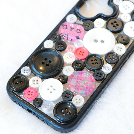 Handmade Resin Phone Case - Black Pink Button - iPhone 16